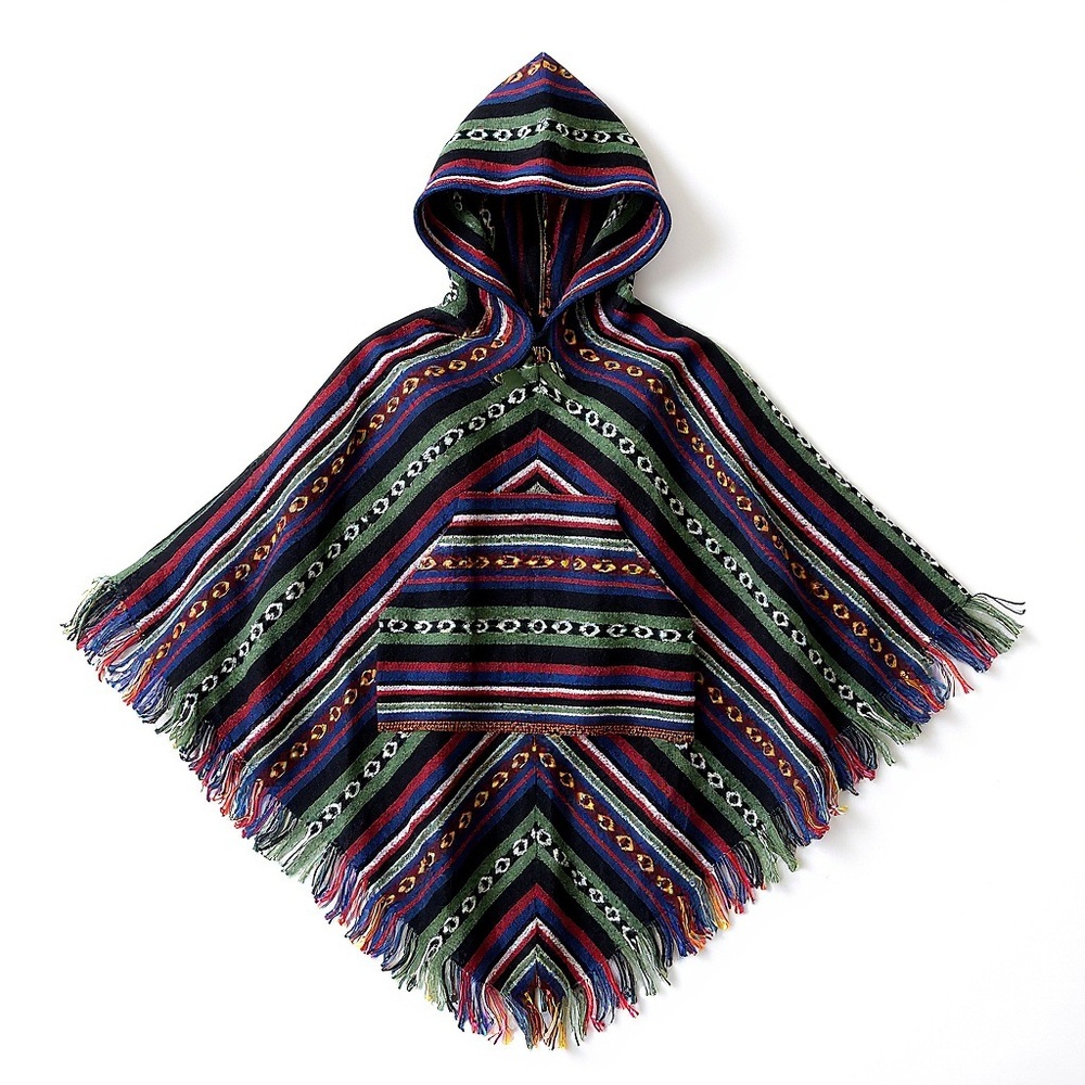 Handmade Hooded Mexican-Style Poncho – Multicolor Striped – Brand New